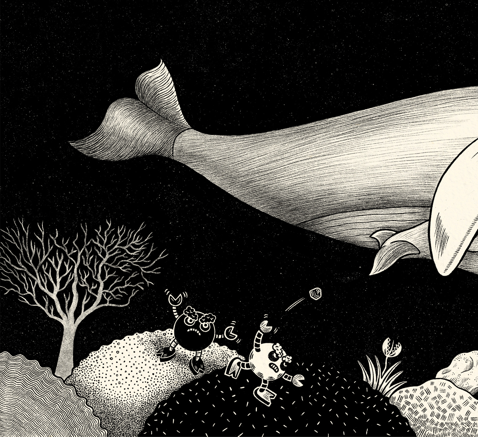 Ilustración digital realizada en Procreate en blanco y negro que muestra una ballena protegiendo a su cría del peligro.